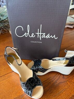 Cole Haan Black Patent Wedge Sandals with Textured off white platform